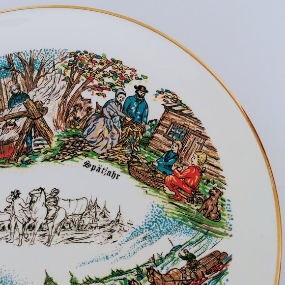 22K Gold Rim Collector Plate Pennsylvania German Folk Art 4 seasons prairie - Picture 2 of 7